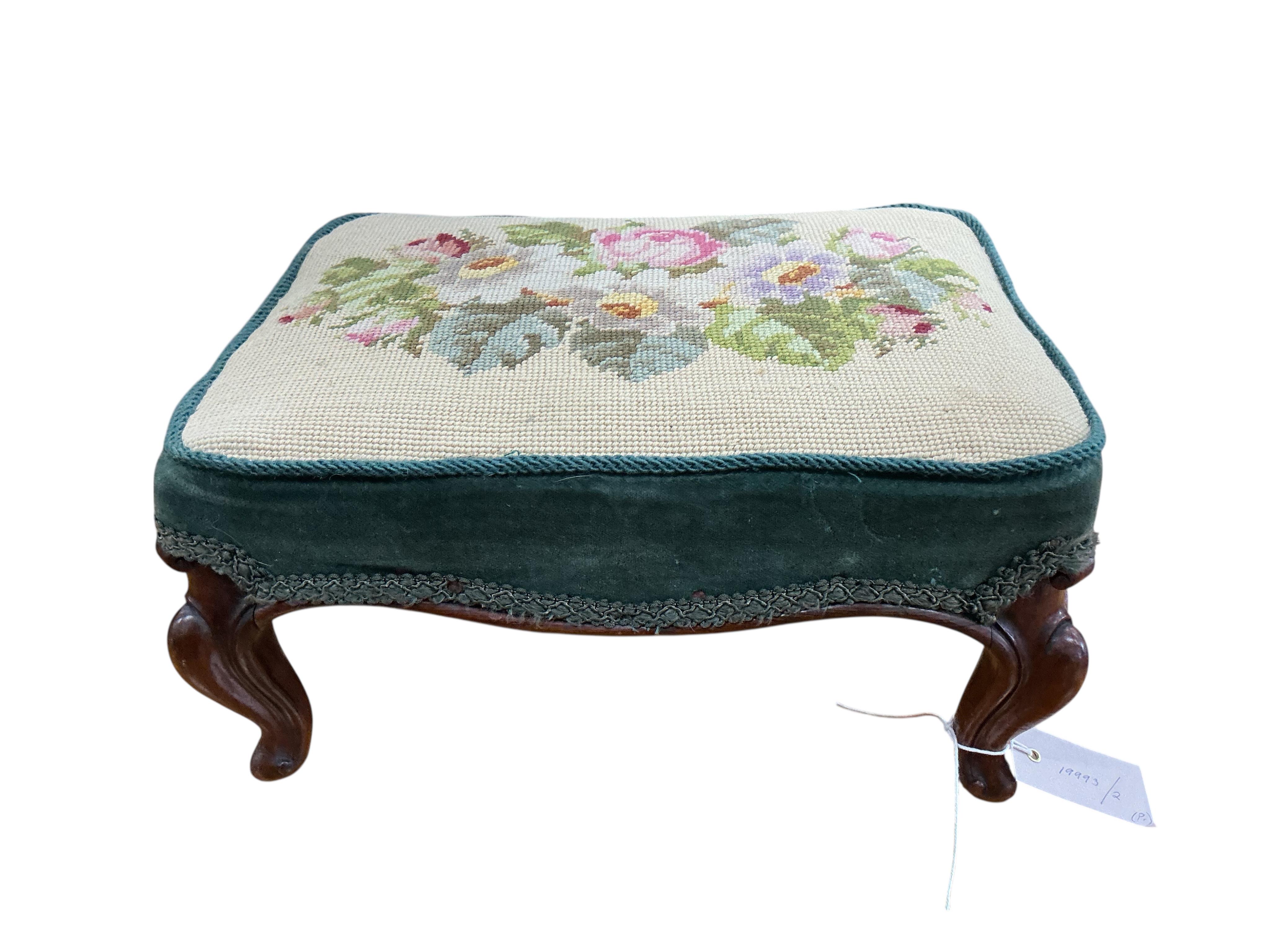 A pair of Victorian rectangular rosewood tapestry footstools, width 37cm, depth 29cm, height 19cm